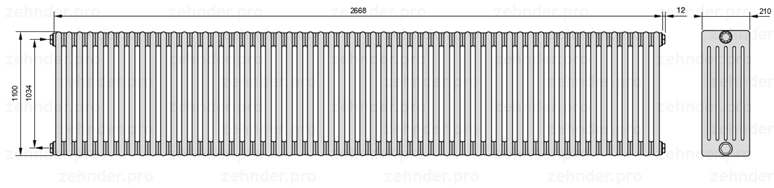 Схема (чертеж) Радиатор Zehnder Charleston 6110/58 №1270 Белый глянцевый RAL 9016